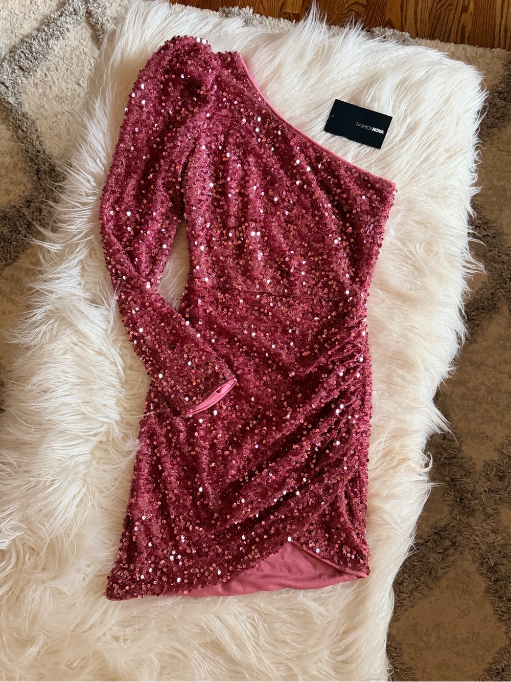 Fashion Nova Pink One-Shoulder Sequin Mini Dress